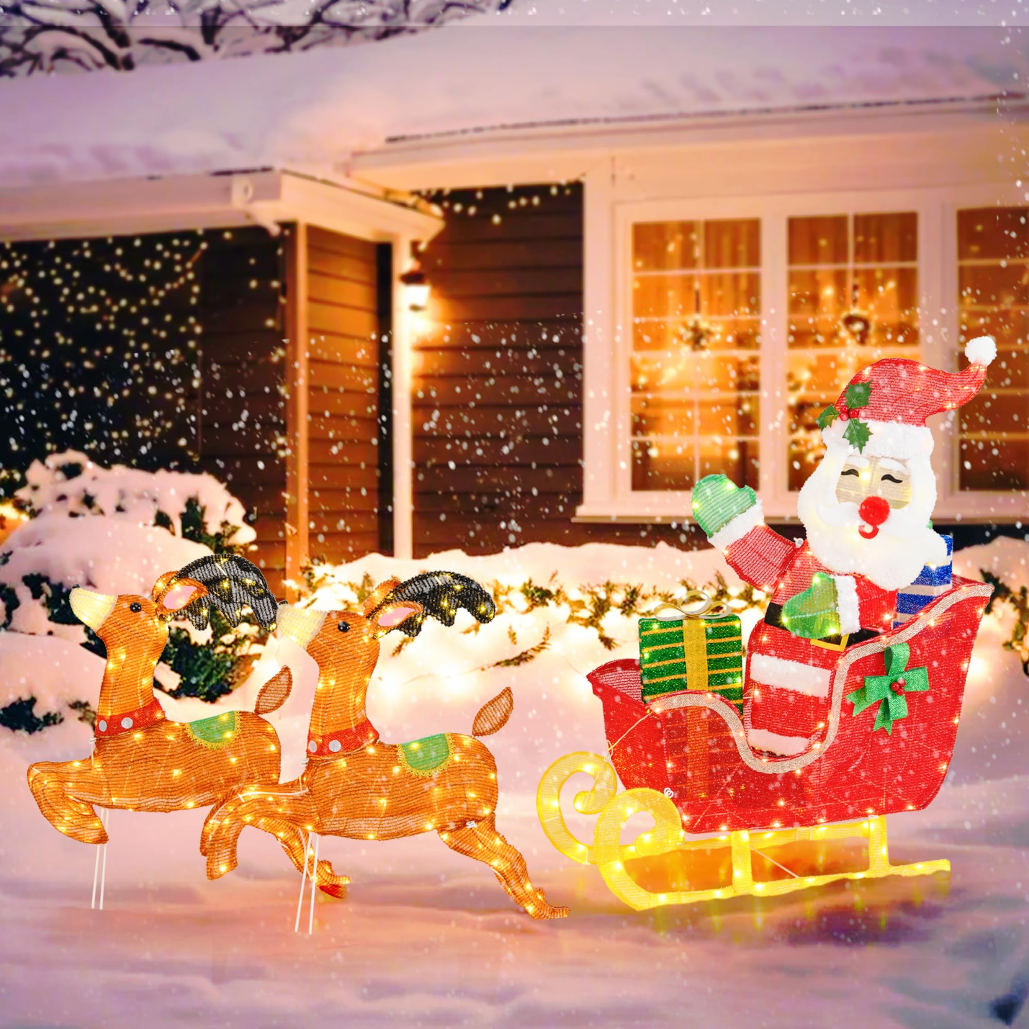 Tangkula 5 FT Christmas Lighted Reindeers with Santa Claus Sleigh, Outdoor Light-up Xmas Decoration Set with 239 LED Lights